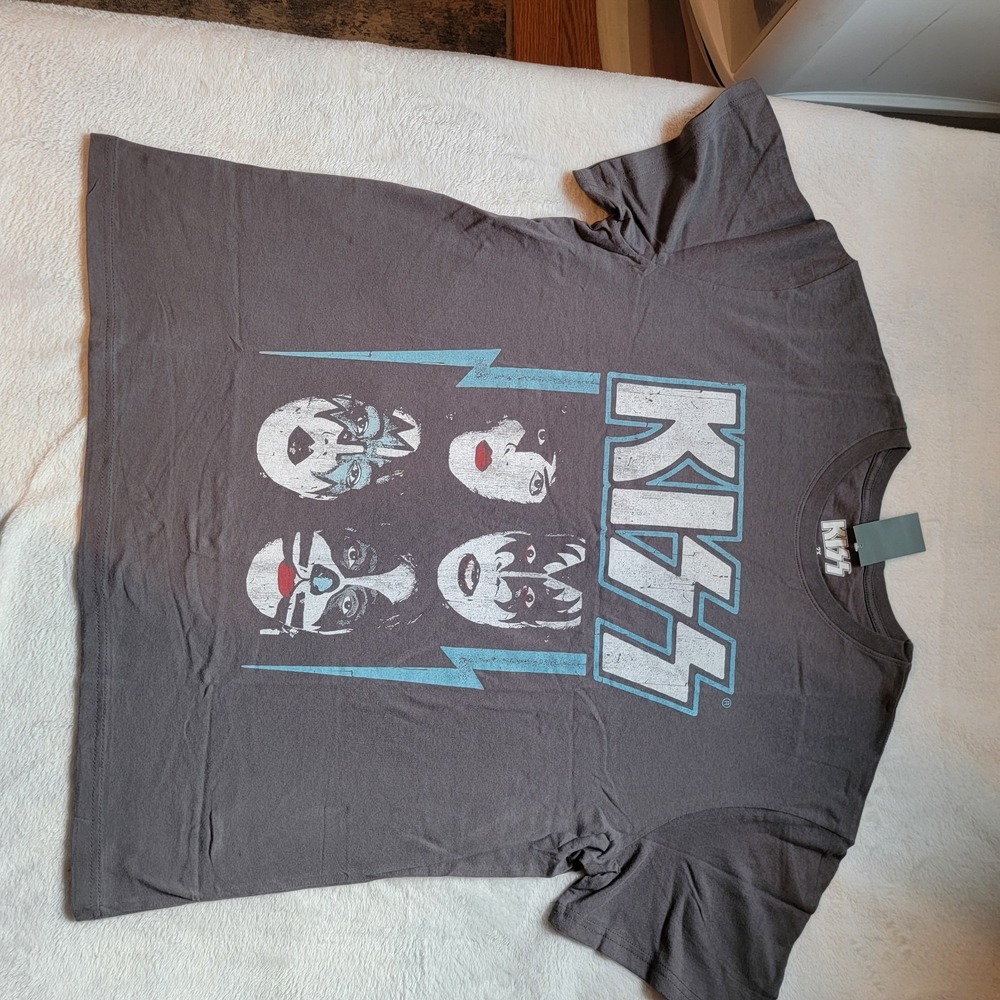 Kiss 2X Gray T-Shirt Band Faces Logo Graphic Rock